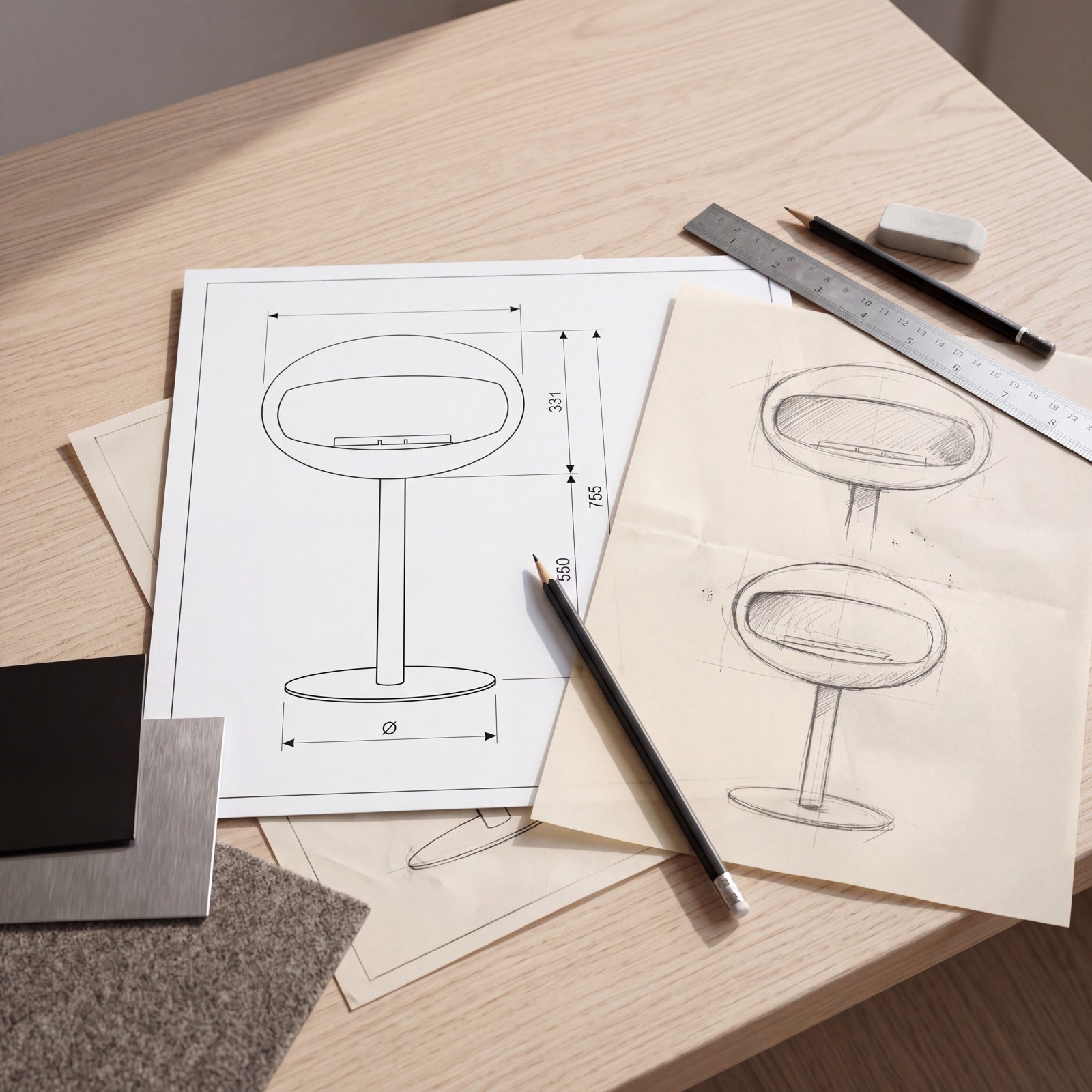 Croquis au crayon et plan cote de la cheminee, avec les echantillons de matiere